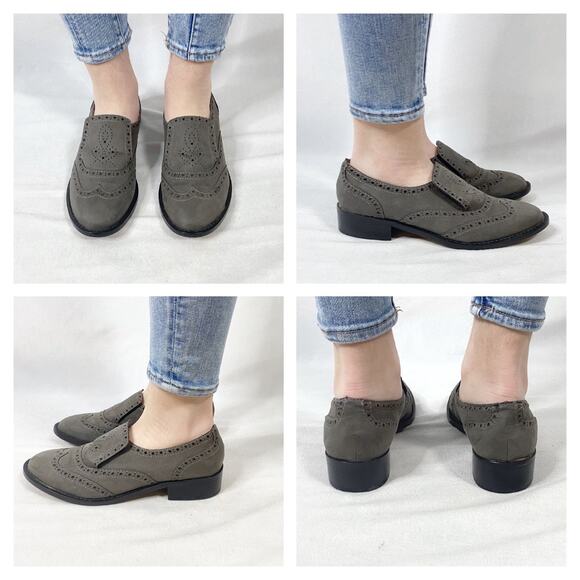 Adrienne Vittadini Neutral Gray Wingtip Brogue Oxford Slip On Loafers Sz 7 - Picture 3 of 14
